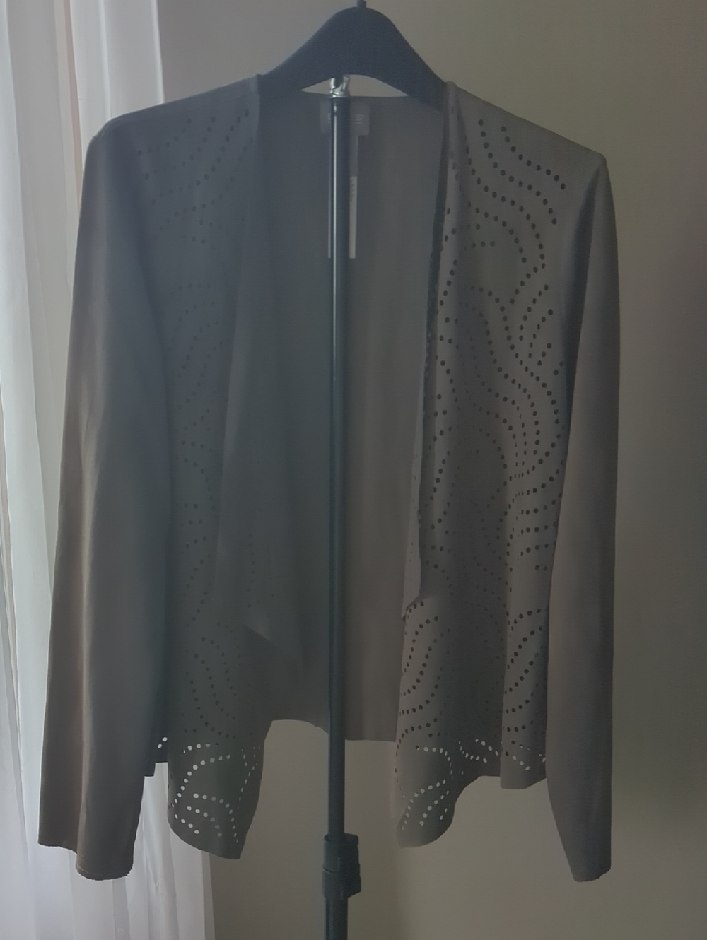 Chicos Women's Open Front Perforated Jacket Faux Suede Brown Gray Size 0